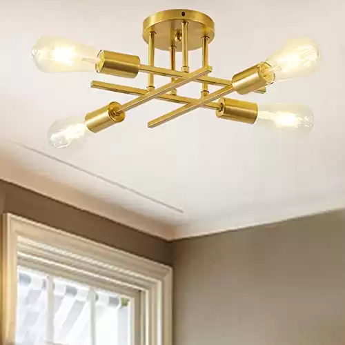 Giutna Modern Semi Flush Mount Ceiling Light Fixture, 4-Lights Farmhouse Light Fixtures Ceiling Mount Golden, Indoor Close to Ceiling Lights for Living Room Bedroom Kitchen Hallway, Bulb Not Included