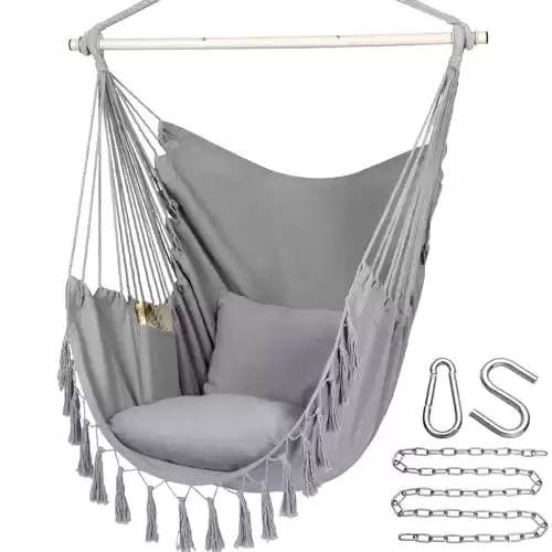 Y- STOP Hammock Chair Hanging Rope Swing, Max 500 Lbs, 2 Cushions Included, Large Macrame Hanging Chair with Pocket for Superior Comfort, with Hardware Kit (Light Grey)