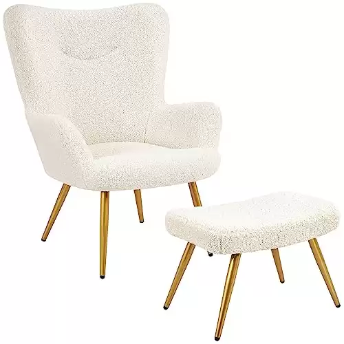 Yaheetech Accent Chair and Ottoman Set, Sherpa Armchair with Golden Metal Legs and High Back, Footstool for Living Room, Lounge, Ivory