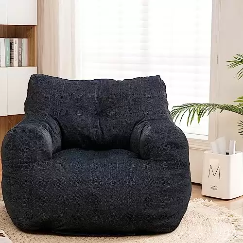 Recaceik Bean Bag Chairs, Soft Cotton Linen Bean Bag Chair with Filler, Fluffy Lazy Sofa, Comfy Cozy BeanBag Chair with Memory Foam for Small Spaces, Bedroom, Living Room, Dorm, Dark Gray