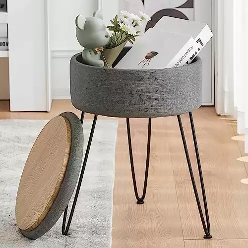 LUE BONA Velvet Vanity Stool Chair for Makeup Room, Gray Round Storage Ottoman, Stool for Vanity with Gold Legs, 19” Vanity Chair, Ottoman Makeup Vanity Stool Chair for Vanity Living Room,Bedroom