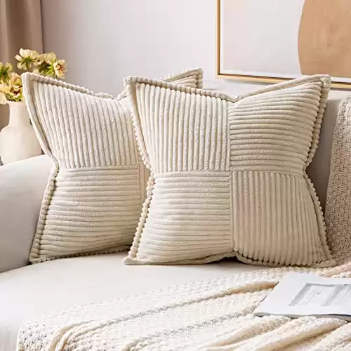 MIULEE Corduroy Pillow Covers with Splicing Set of 2 Super Soft Boho Striped Pillow Covers Broadside Decorative Textured Throw Pillows for Christmas Couch Cushion Livingroom 18x18 inch, Beige