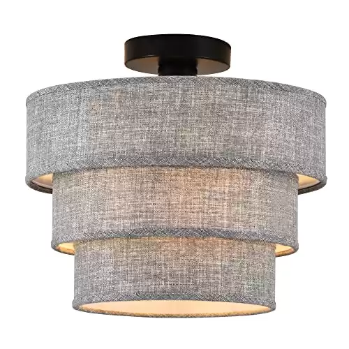 XININSUN Semi Flush Mount Ceiling Light Fixture,3-Tier Drum Linen Ceiling Light Fixture,Modern Close to Ceiling Light for Living Room Bedroom Kitchen Hallway...(Gray)-1 Pack