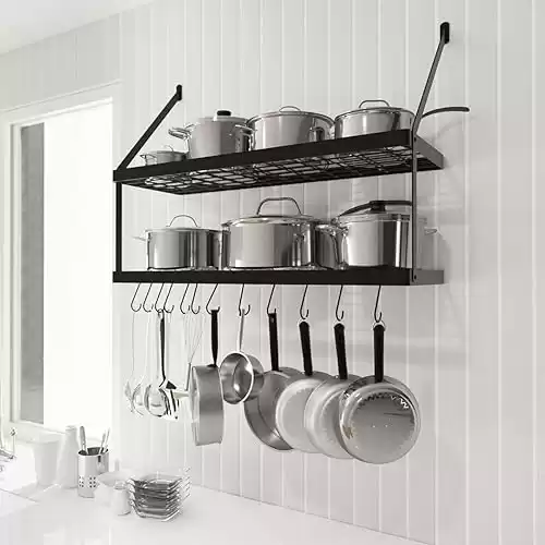 KES 30-Inch Pot Rack 2 Tier Pan Rack for Kitchen Wall Mounted Pot Organizer with 12 S-Hooks Heavy-Duty Matte Black, KUR218S75B-BK