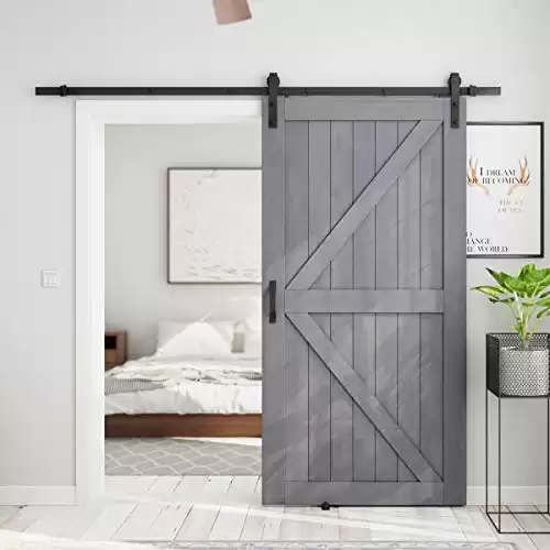 SMARTSTANDARD 42in x 84in Sliding Barn Door with 7ft Barn Door Hardware Kit & Handle, Pre-Drilled Ready to Assemble, DIY Unfinished Solid Spruce Wood Panelled Slab, K-Frame, Grey