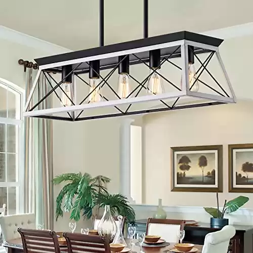 XIPUDA 5-Light Pendant Lights Fixture, Farmhouse Chandeliers for Dining Room, Rustic Island Lights for Kitchen, Rectangular Chandelier Rustic Farmhouse Light Fxiture