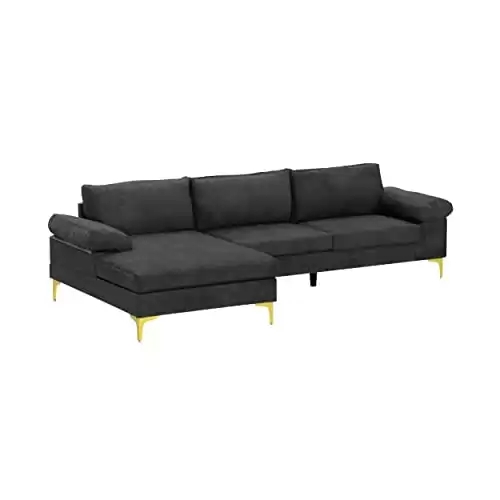 Casa Andrea Milano Modern Sectional Sofa L Shaped Velvet Couch, with Extra Wide Chaise Lounge and Gold Legs, Dark Grey