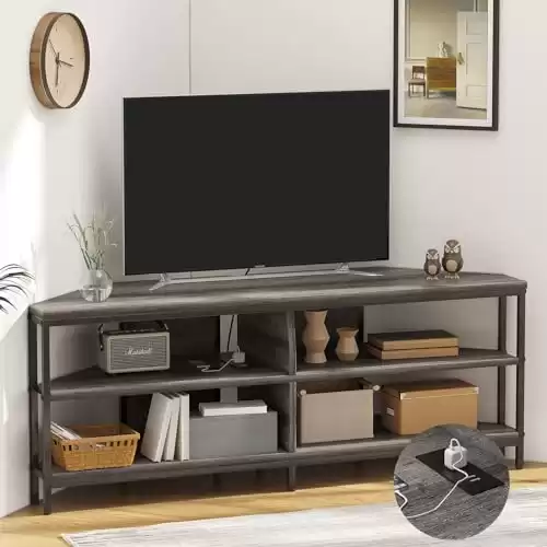 MUTUN Corner TV Stand with Power Outlet, Corner TV Stand for 32 43 50 55 60 Inch TV, Corner Entertainment Center, Industrial TV Console Table for Living Room Bedroom, 55 Inch, Grey Oak