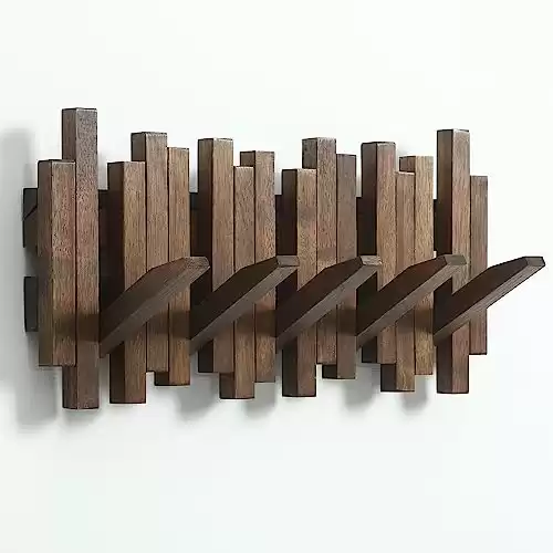 GOGREEBELL Natural Wood Wall Mounted Piano Coat Rack| Coat Rack Wall Mount| Flip Down Wall Hook Rack 5 Hooks| Entryway Coat Rack,Made of Acacia Wood (Dyed with Wood Wax Oil).Wall Art