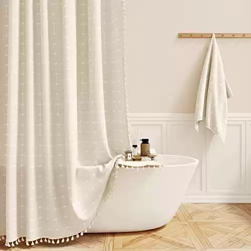 BTTN Boho Farmhouse Shower Curtain Set with Tassel - Linen Rustic Heavy Duty Fabric, Water Repellent, Modern Bohemian French Country Thick Bathroom Shower Curtains - Cream/Beige, 72x72