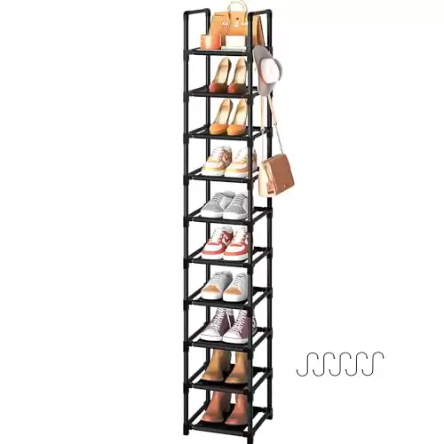 LUKYTOWER Tall Shoe Rack Narrow 10Tier Shoe Racks Organizer for Closet 10-15Pairs, Storage Rack for Shoes with 5Hooks, Sturdy Metal Shoe Shelf, Vertical Skinny Shoe Stand for Small Space