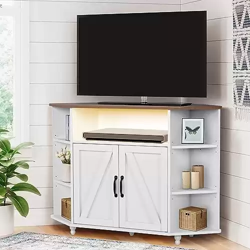 4 EVER WINNER Corner TV Stand for 50 Inch TV, 45” Farmhouse Corner TV Cabinet with LED Light, Adjustable Shelves and Barn Doors, Corner Entertainment Center for Living Room Bedroom, White