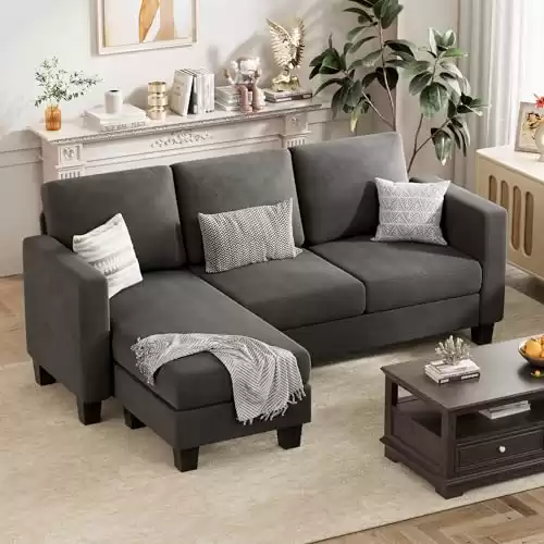 VICTONE Convertible Sectional Sofa Couch, 3 Seat L-Shaped Sofa with Linen Fabric, Movable Ottoman Small Couch for Small Apartments, Living Room and Office (Dark Grey)