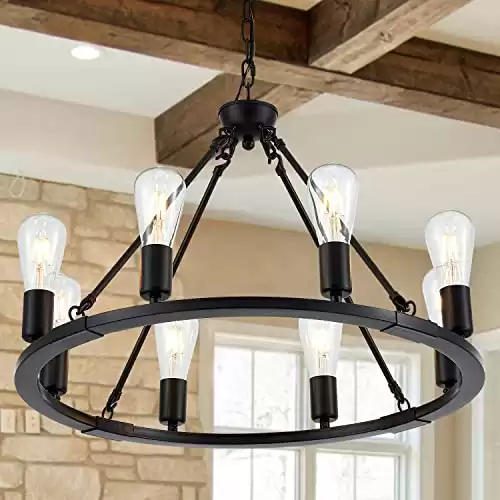 lighceac Black Farmhouse Wagon Wheel Chandelier 8-Light 23.6'' Vintage Industrial Round Hanging Ceiling Pendant Light Fixture for Kitchen Island Living Dining Room Bedroom Hallway Entryway F...