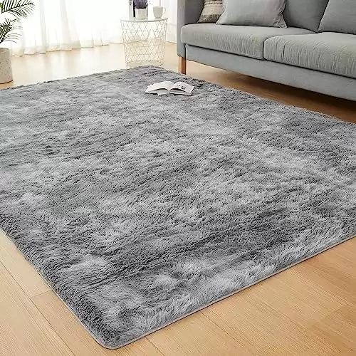 JKMAX Fluffy Shag Rugs for Living Room，Tie-Dyed Light Grey Soft Plush Fuzzy 6x9 Area Rugs for Bedroom Nursery Girls Boys Room Kids Room Decor，Upgrade Anti-Skid Large Carpet for Home Decor Aestheti...