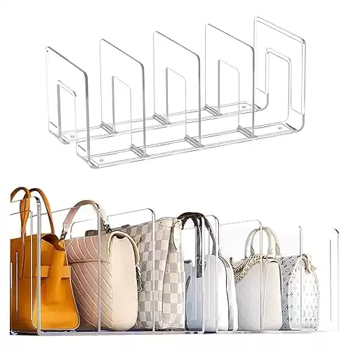 Clear Plastic Purse Handbag Organizer 4 Sections Bag Closet Shelf Divider Purse Display Stand Handbag Storage Organizer Clear Desk File Sorter Stand Holder Bookshelf 13 x 6 x 5 Inches